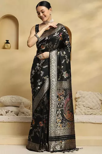 black ethnic motifs woven design zari pure silk banarasi saree with matching blouse