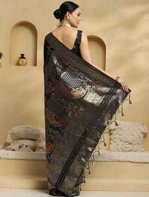 black ethnic motifs woven design zari pure silk banarasi saree with matching blouse 3