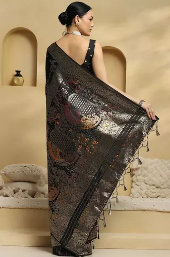 black ethnic motifs woven design zari pure silk banarasi saree with matching blouse