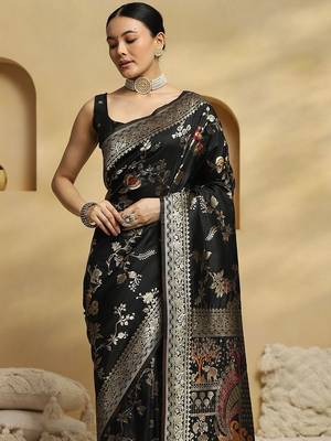 black ethnic motifs woven design zari pure silk banarasi saree with matching blouse 4
