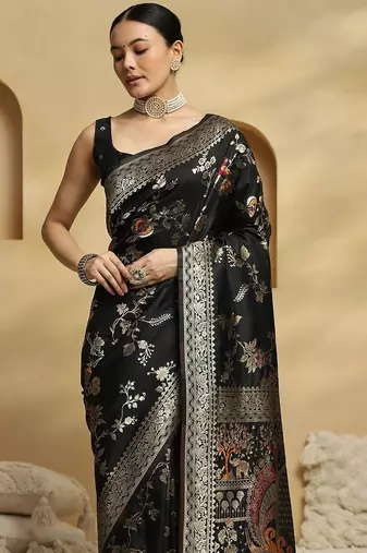 black ethnic motifs woven design zari pure silk banarasi saree with matching blouse