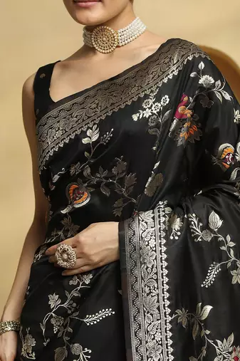 black ethnic motifs woven design zari pure silk banarasi saree with matching blouse