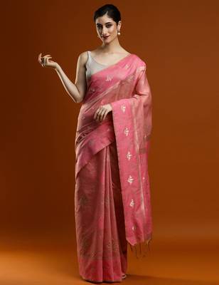 pink women ethnic motifs woven design cotton saree with blouse 1