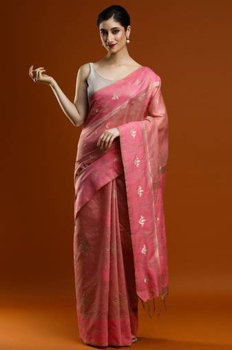pink women ethnic motifs woven design cotton saree with blouse