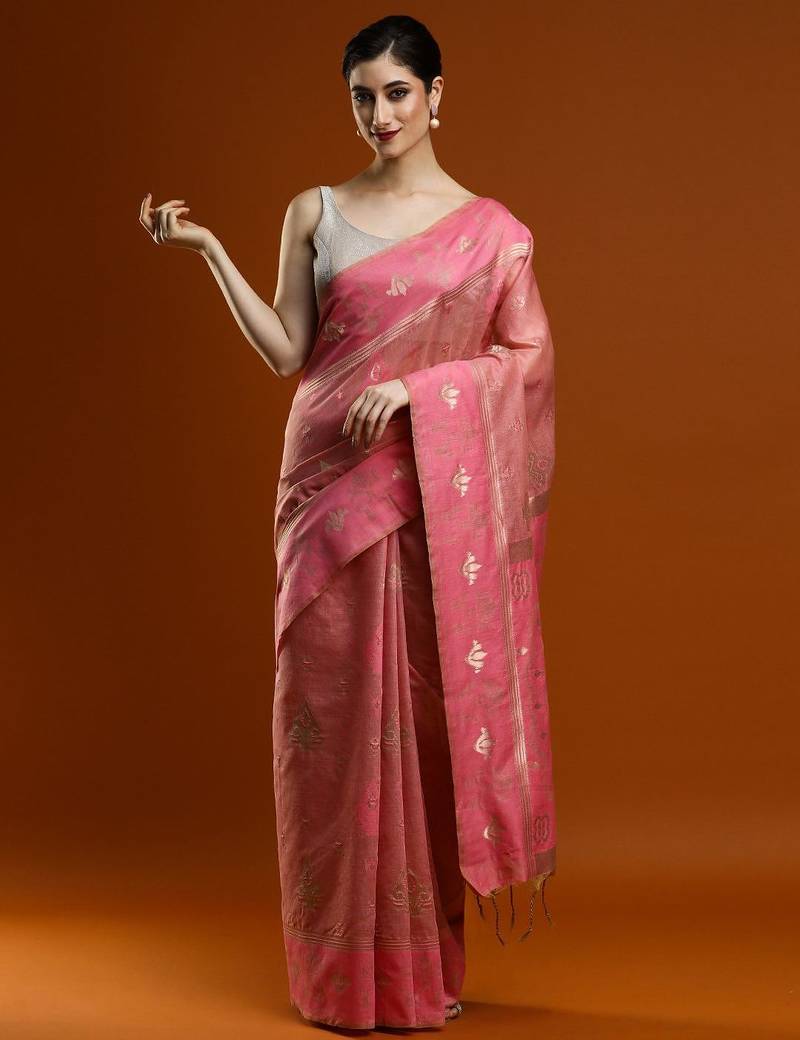 pink women ethnic motifs woven design cotton saree with blouse