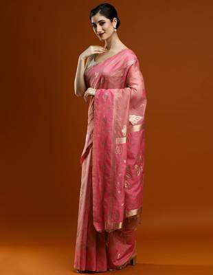 pink women ethnic motifs woven design cotton saree with blouse 2
