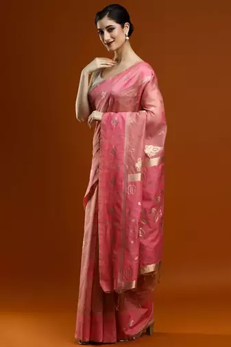 pink women ethnic motifs woven design cotton saree with blouse