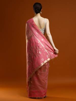 pink women ethnic motifs woven design cotton saree with blouse 3