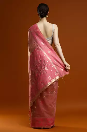 pink women ethnic motifs woven design cotton saree with blouse