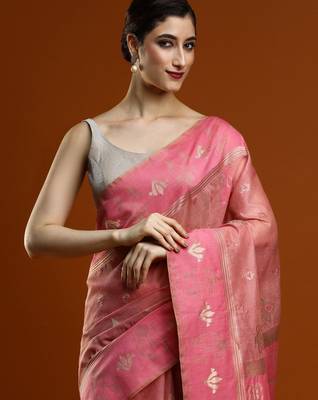 pink women ethnic motifs woven design cotton saree with blouse 4