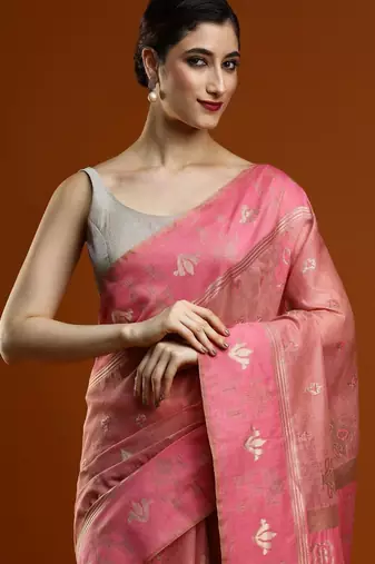 pink women ethnic motifs woven design cotton saree with blouse