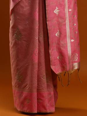 pink women ethnic motifs woven design cotton saree with blouse 5