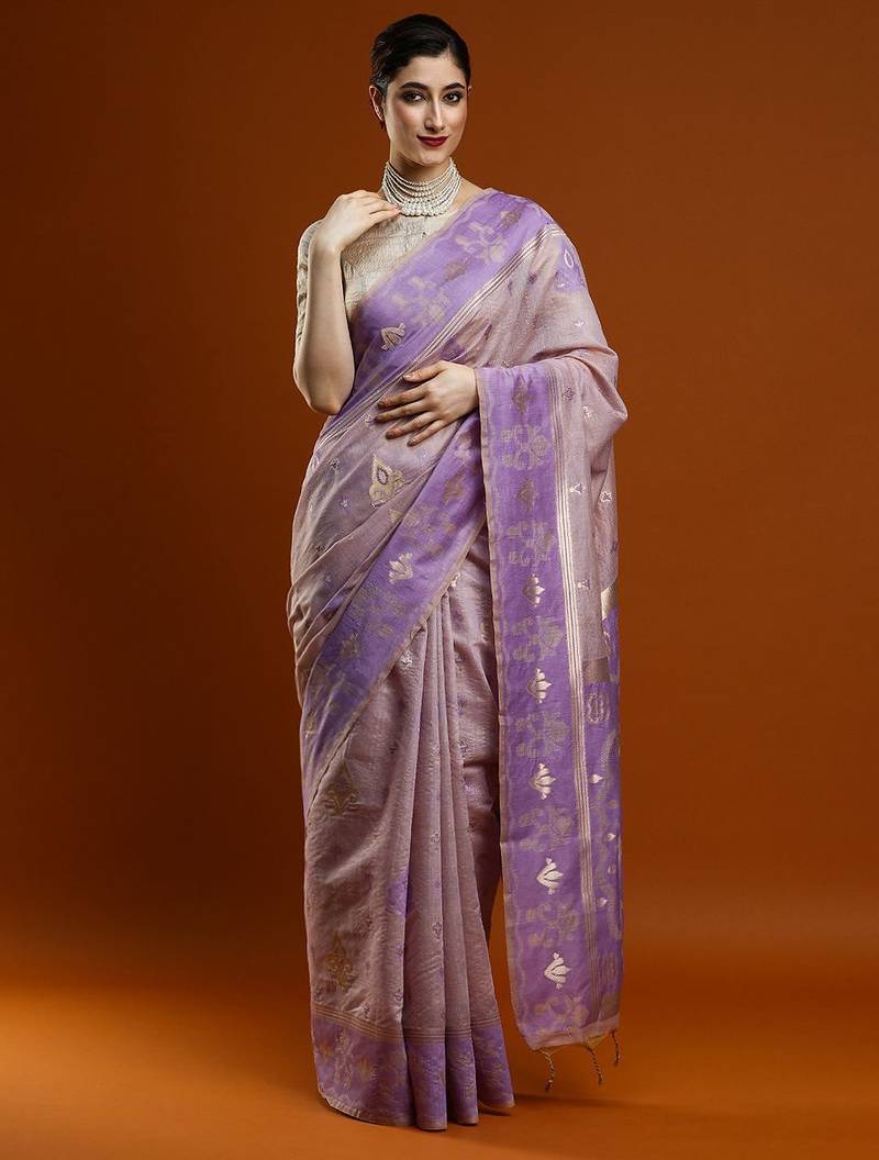 lavender ethnic motif woven design zari cotton saree with blouse