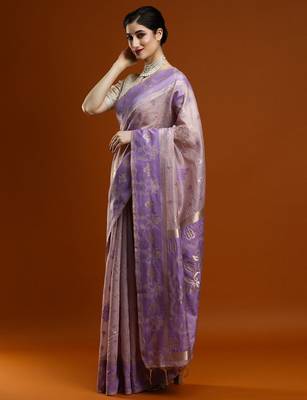 lavender ethnic motif woven design zari cotton saree with blouse 2