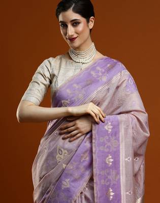 lavender ethnic motif woven design zari cotton saree with blouse 4