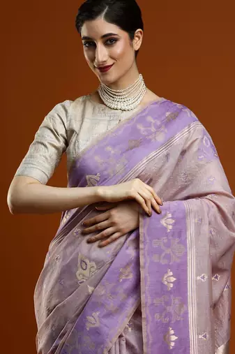 lavender ethnic motif woven design zari cotton saree with blouse