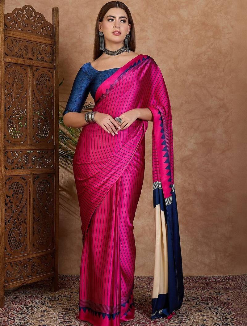 pink striped silk blend designer saree