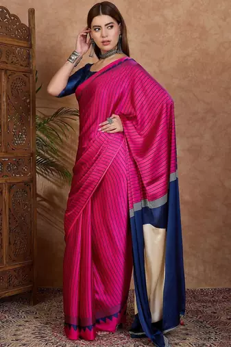 pink striped silk blend designer saree