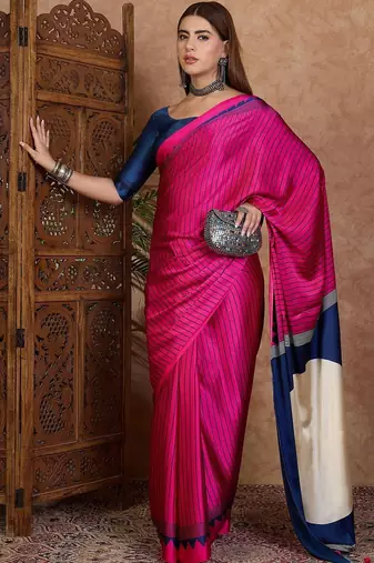 pink striped silk blend designer saree