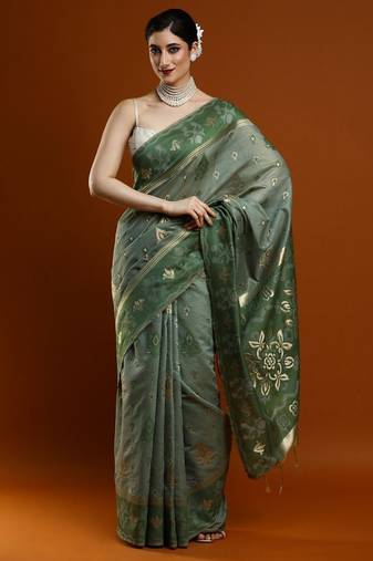 green woven design designer chanderi cotton blend saree