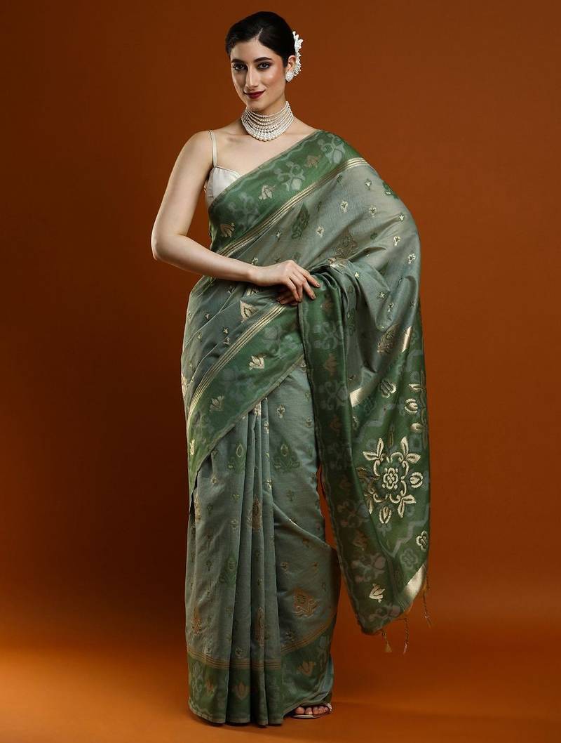 green woven design designer chanderi cotton blend saree