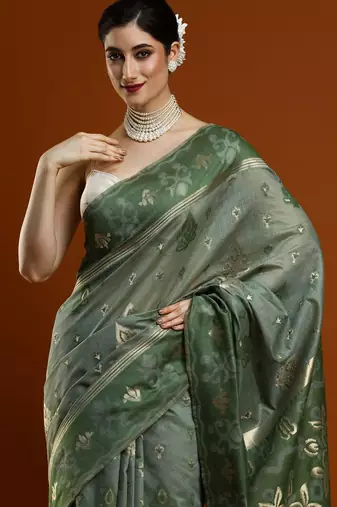green woven design designer chanderi cotton blend saree