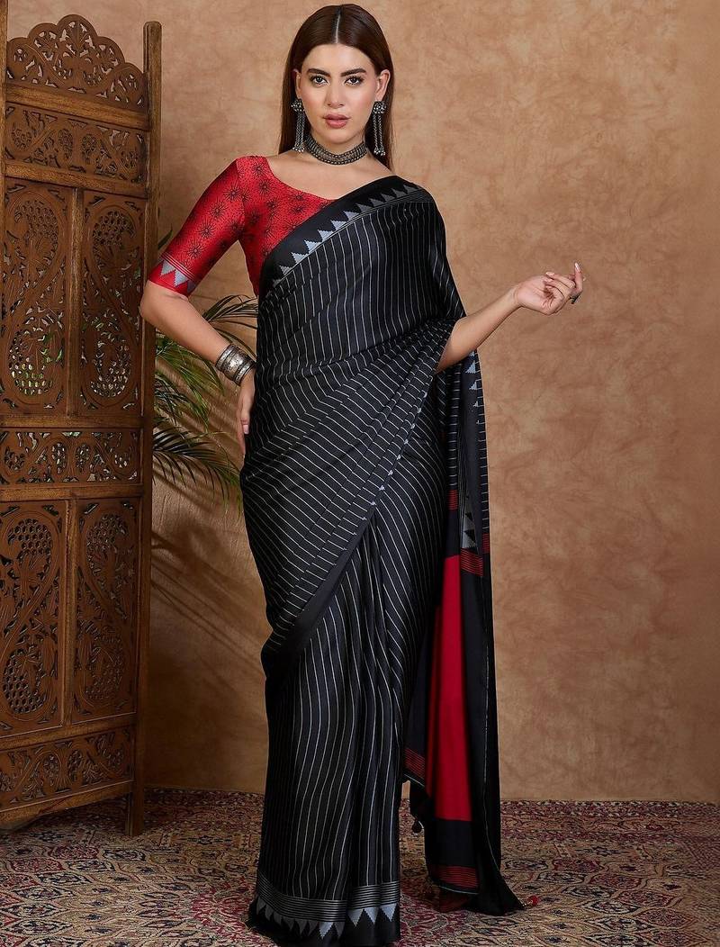 black striped silk blend designer saree
