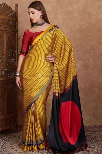 yellow striped silk blend saree