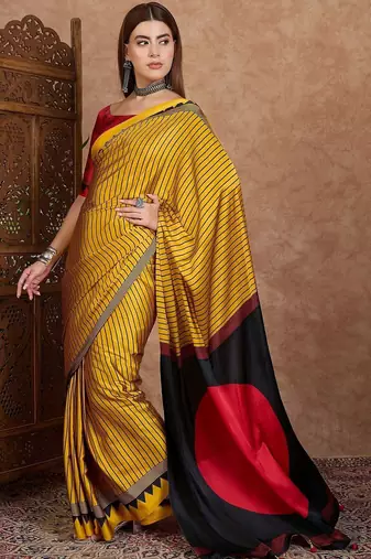 yellow striped silk blend saree