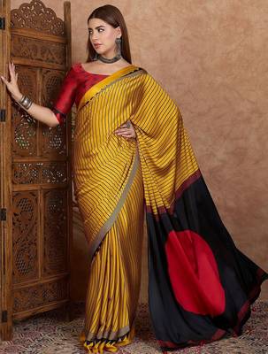 yellow striped silk blend saree 3