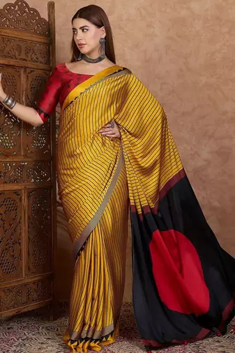 yellow striped silk blend saree