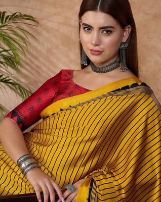 yellow striped silk blend saree 5