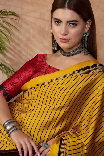 yellow striped silk blend saree
