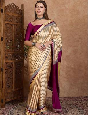 cream striped silk blend designer saree 1