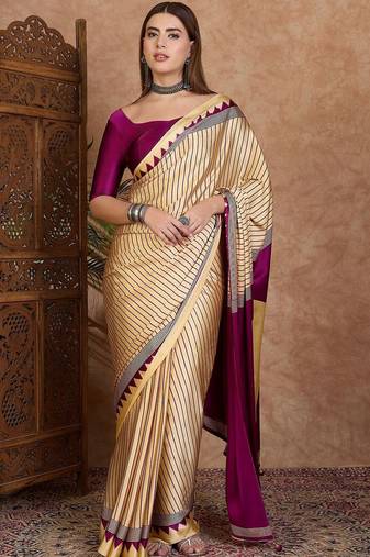 cream striped silk blend designer saree