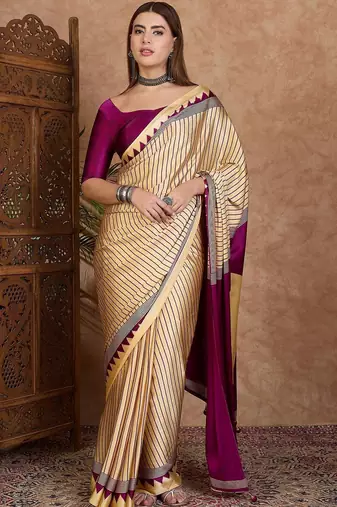 cream striped silk blend designer saree