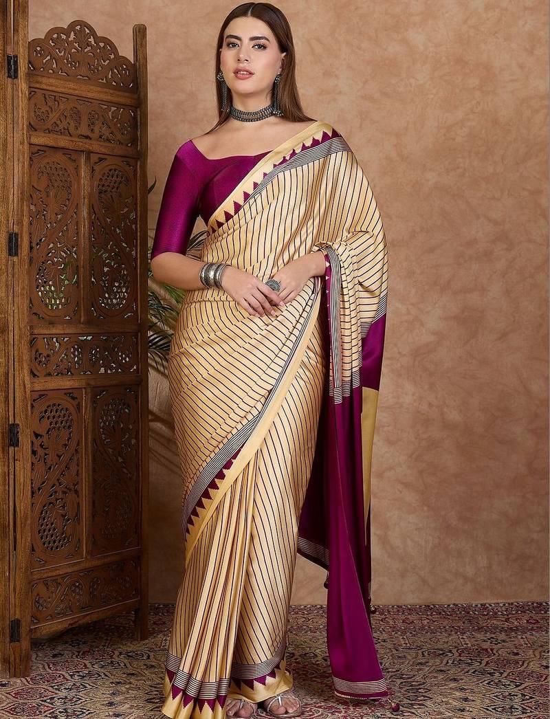 cream striped silk blend designer saree