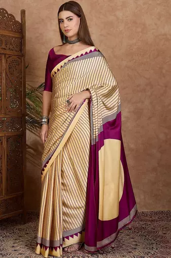 cream striped silk blend designer saree