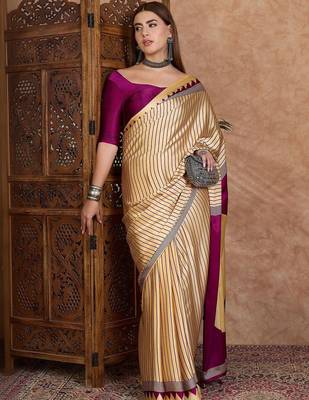 cream striped silk blend designer saree 3