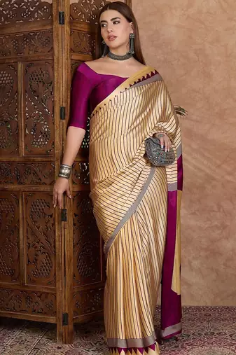 cream striped silk blend designer saree