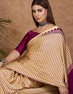 cream striped silk blend designer saree 5