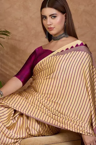 cream striped silk blend designer saree