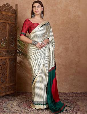 cream striped silk blend designer saree 1