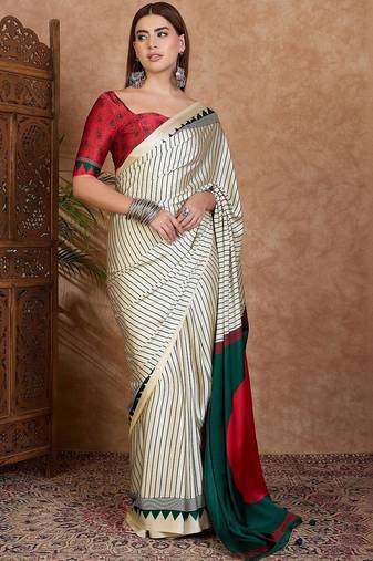 cream striped silk blend designer saree