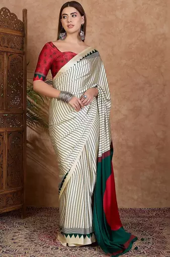 cream striped silk blend designer saree