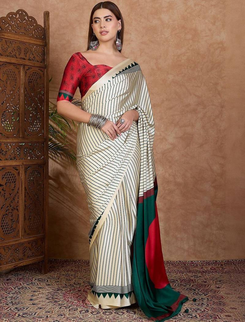 cream striped silk blend designer saree