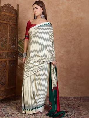 cream striped silk blend designer saree 2