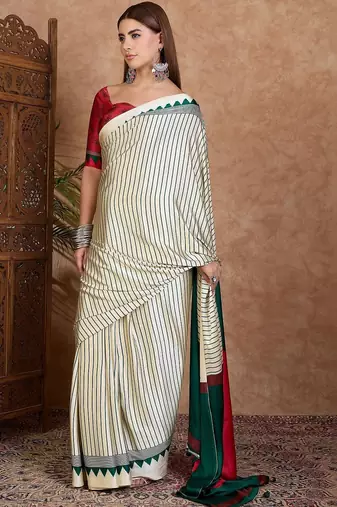 cream striped silk blend designer saree
