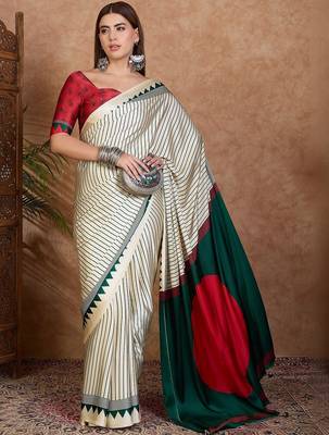 cream striped silk blend designer saree 3