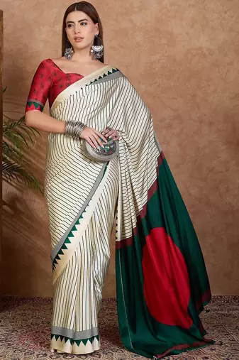 cream striped silk blend designer saree